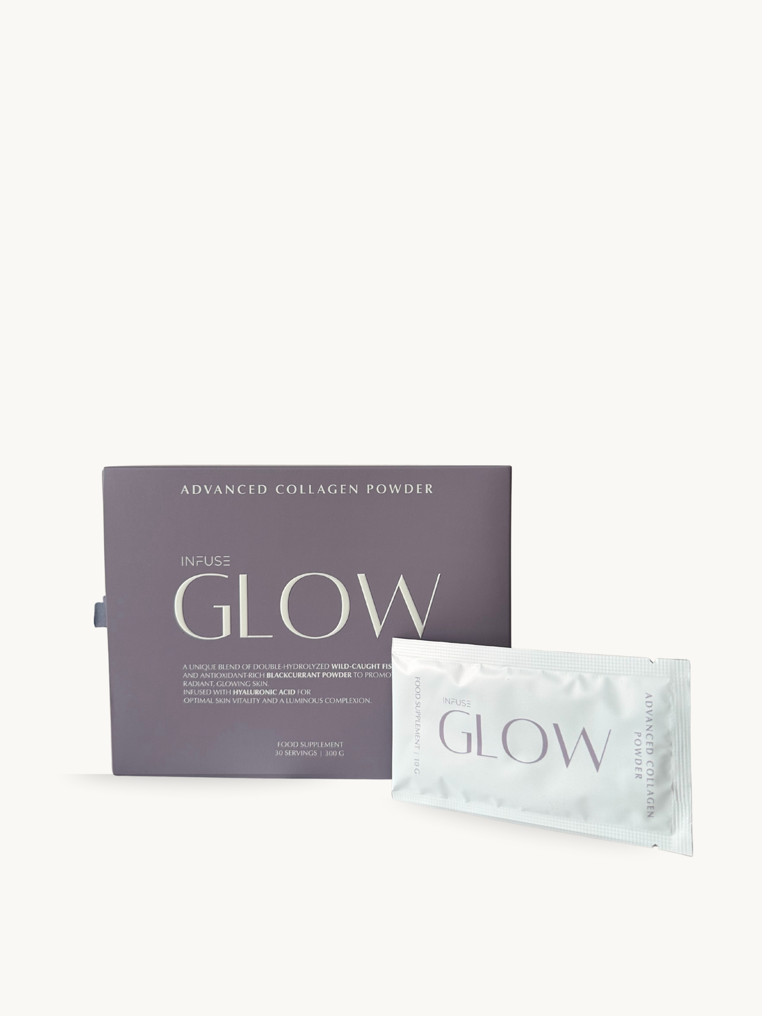 Glow Advanced Collagen Powder packaging with a white sachet on a light gray background
