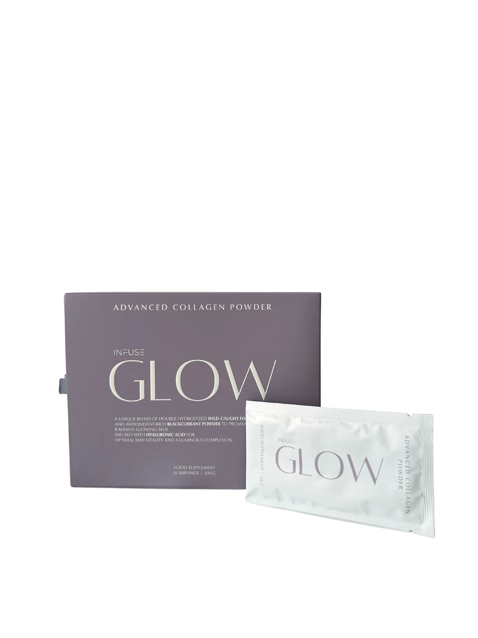 Glow Advanced Collagen Powder packaging with a white sachet on a light gray background